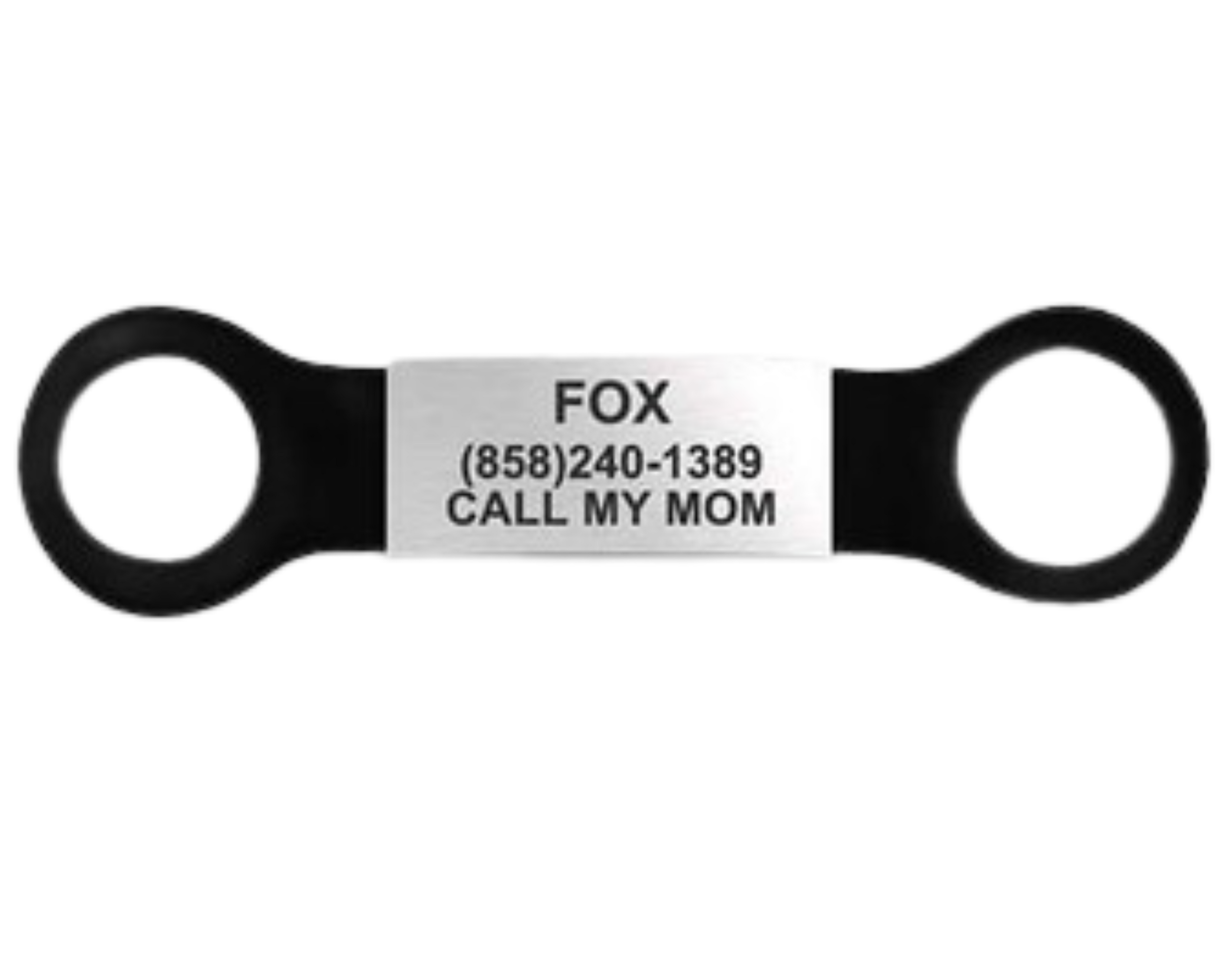 Black keychain with white label displaying a phone number on a white background