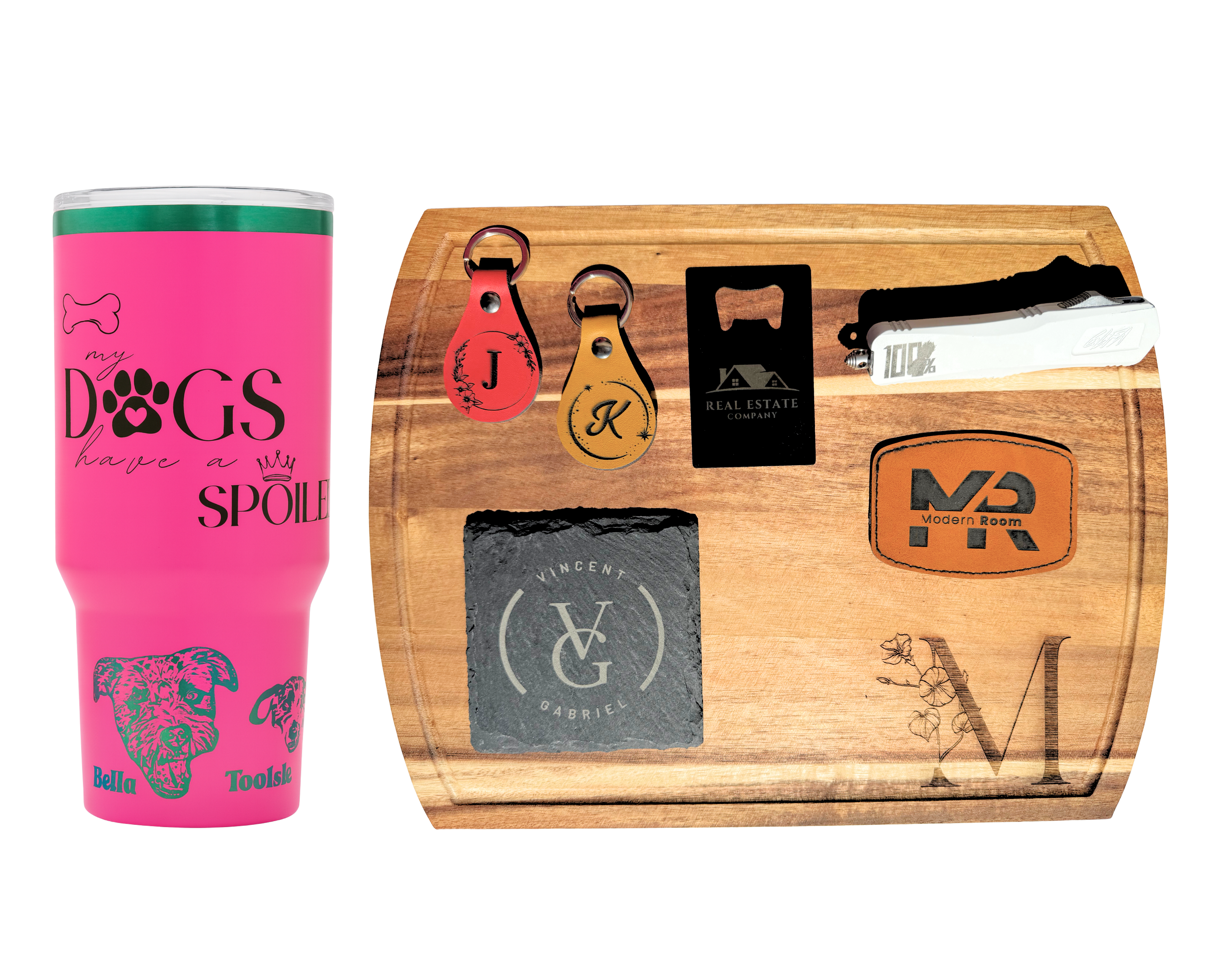 Wooden cutting board with engraved designs and a pink tumbler with branding on a white background